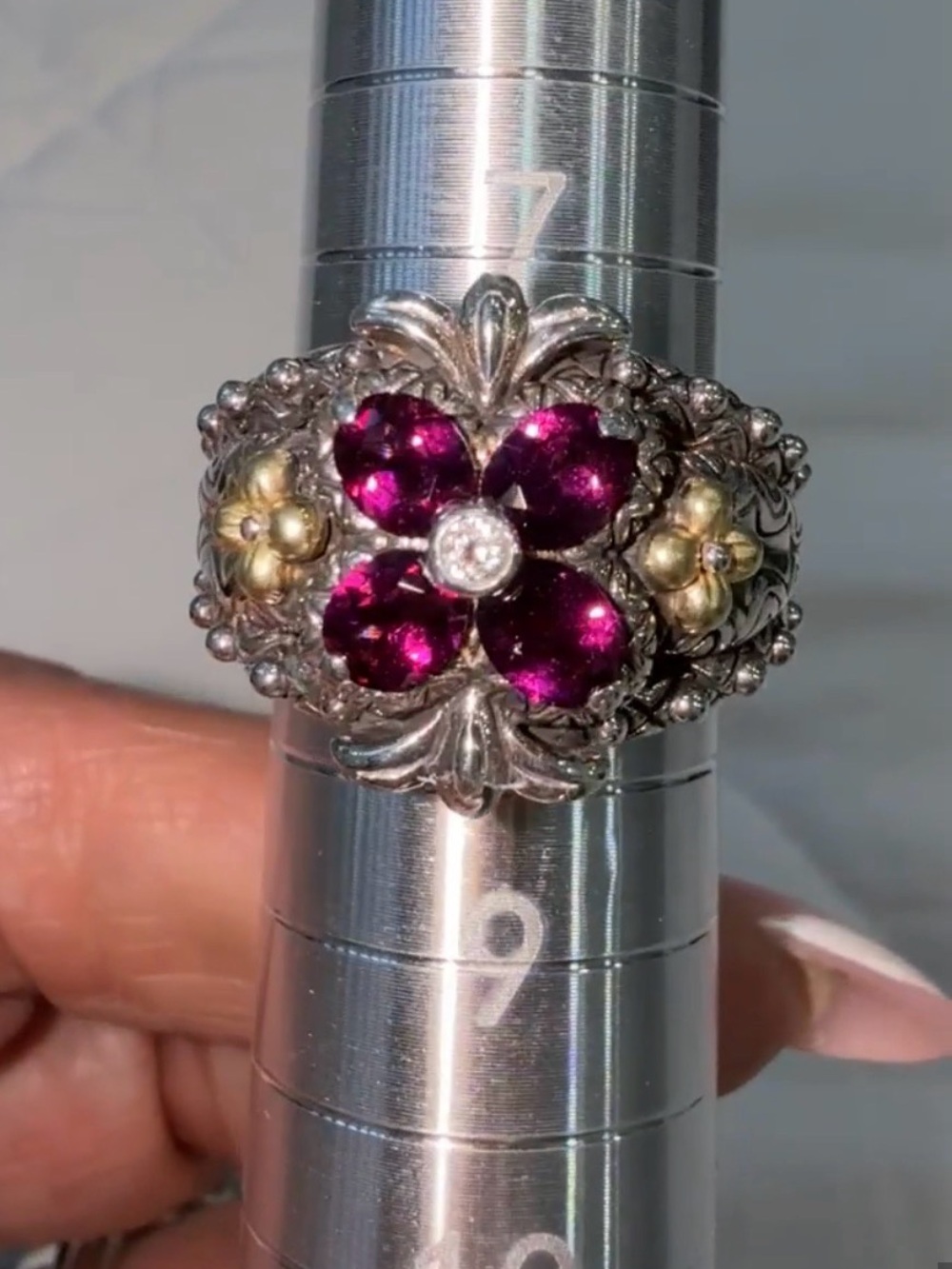 Samuel B Rhodolite Diamond Sterling Silver & 18kt Floral Ring sz8